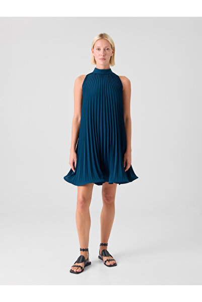 Akris Punto Halter Yaka Pileli Lacivert Mini Elbise
