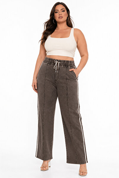 ZANESSİ FASHION Plus Size Denim Sport Stripe Detailed Wide Leg Women's Trousers