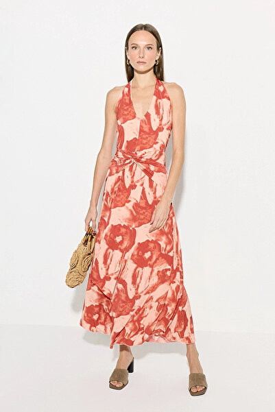 Gusto Halter Neck Patterned Rayon Lycra Dress - Red