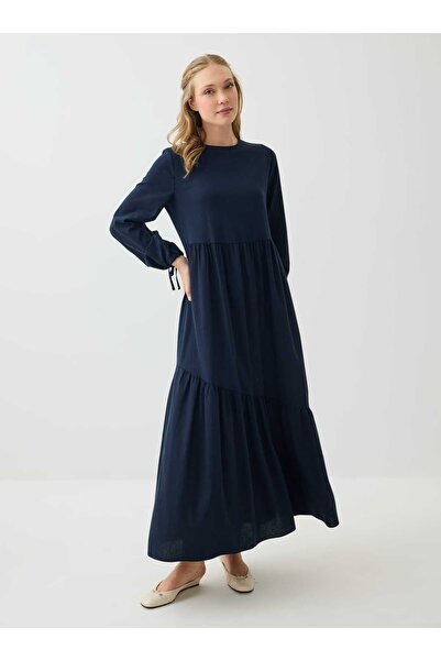 Benin Linen Hijab Dress with Cutouts and Tie-Down Sleeves - Navy Blue -