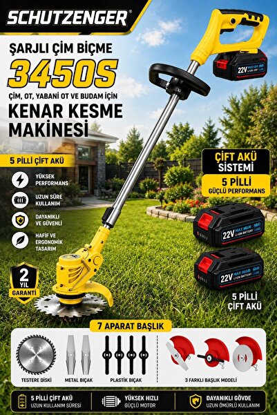 SCHUTZENGER 5 PİLLİ ÇİFT BATARYALI ŞARJLI ÇİM OT BİÇME MAKİNESİ SARI 7 BAŞLIK...