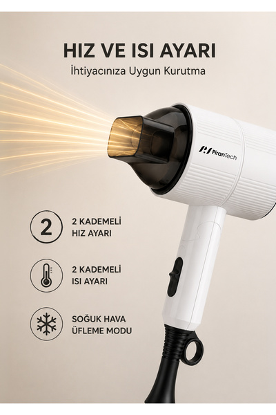 PiranTech KS-2969 1800W Hız/Sıcaklık Ayarlı Yoğunlaştırıcı Başlıklı Saç Kurutma Makinesi