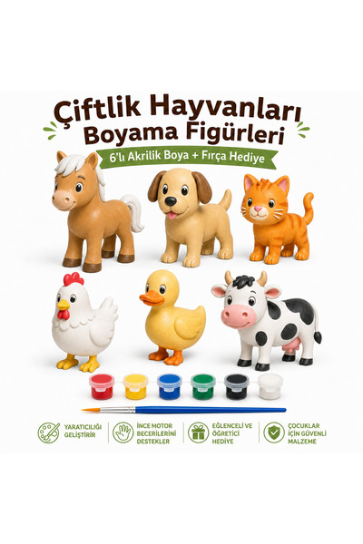 antiola Çiftlik Hayvanları 6 Adet Figür Boyama Seti / Akrilik Boya ve Fırça H...