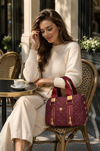 Moda Lime Burgundy Quilted Patterned Women's Hand and Shoulder Bag with Long ...
