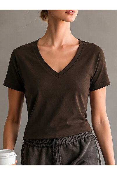 SOFT AURA Kadın Kahve V yaka t-shirt %100 pamuk