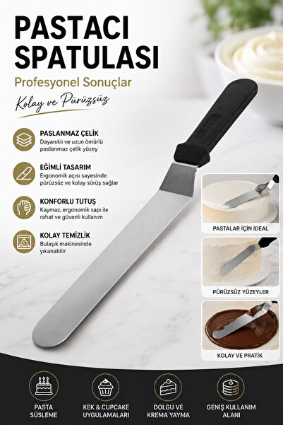 FBZhome Eğik Oval Uçlu Pasta Sıvama Spatulası 32 Cm, Siyah, Yüksek Kalite, Da...