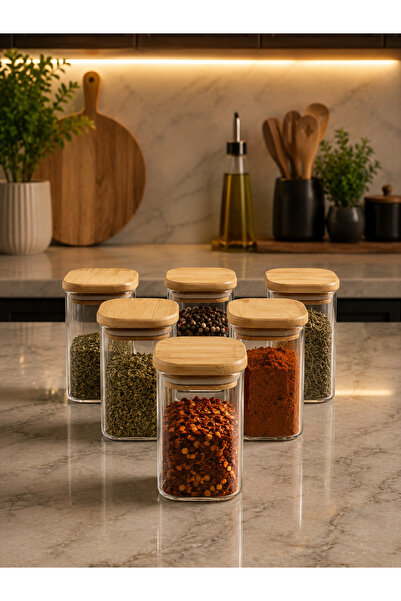 YzHome 6 Lı Cam Kare Bambu Vakum Kapaklı Baharatlık Seti Kavanoz 250ml