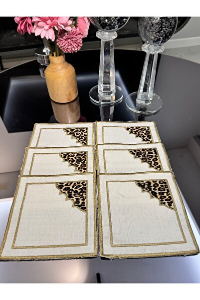 FİNESERVECO 6’lı Gold Sim İşlemeli, Leopar Detaylı ve Nakışlı Kahve Sunum Peç...