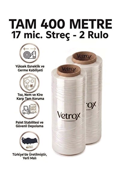 vetrox Premium 17 Mikron Streç Film - 400 METRE tam metraj-2-rulo-Ambalaj ve Paketleme Streci