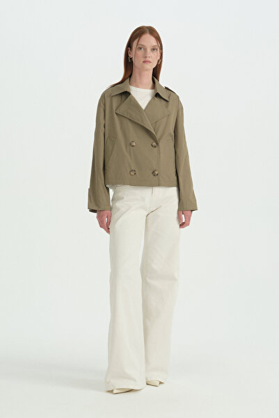 Nihan Double-Breasted Short Cotton Trench Coat - Khaki