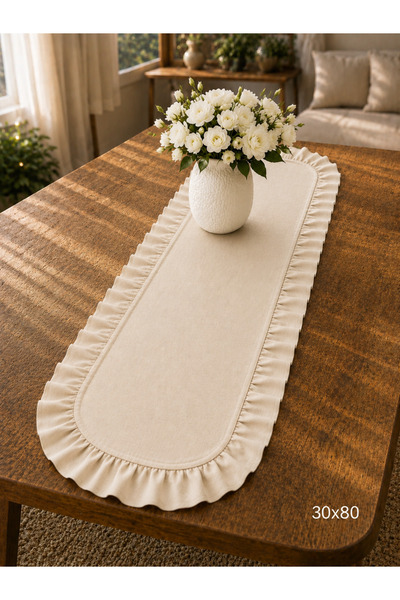 ŞAH TEXTILE DESIGN 30x80 bej sık fırfırlı oval runner, konsol örtüsü