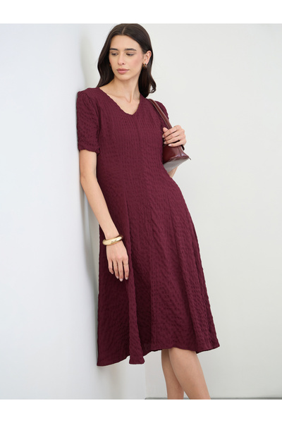 Styli Burgundy Textured A-Line Midi Dress