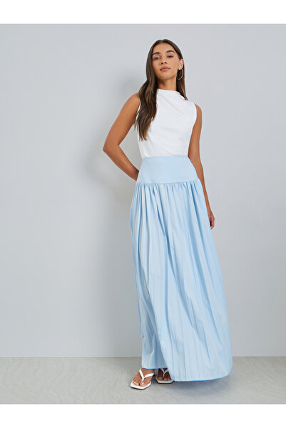 Styli Blue Wide Waistband Pleated Maxi Skirt