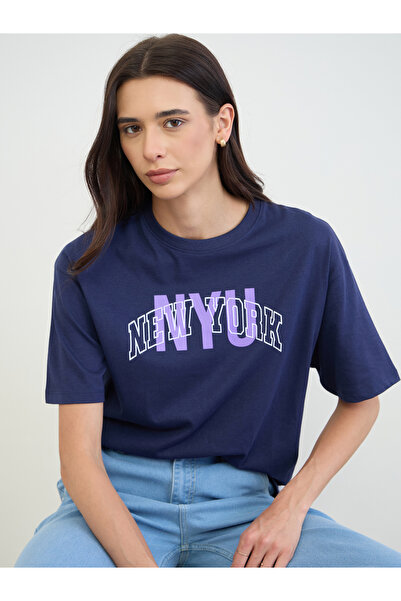Styli Navy Blue Slogan Print Cotton T-Shirt