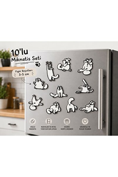 AksesuArt Yaramaz Kediler Mıknatıs Seti, 10'lu Paket, Buzdolabı ve Metal Yüze...