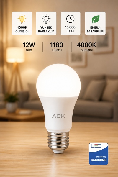 Aryes 12W E27 LED Ampul 4000 Kelvin - Gün Işığı Yüksek Parlaklık