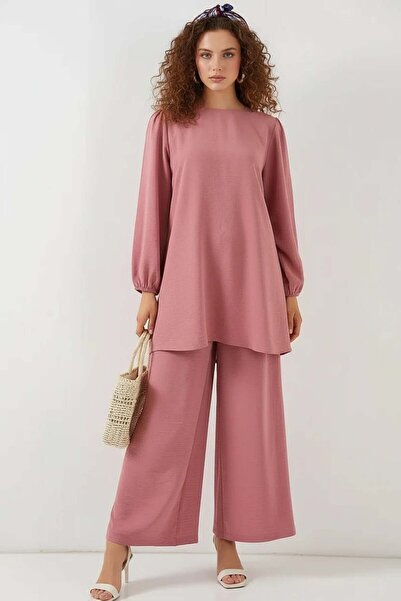 ALFA AKSESUAR 03 Women's Round Neck High Waist Long Sleeve Pink Set