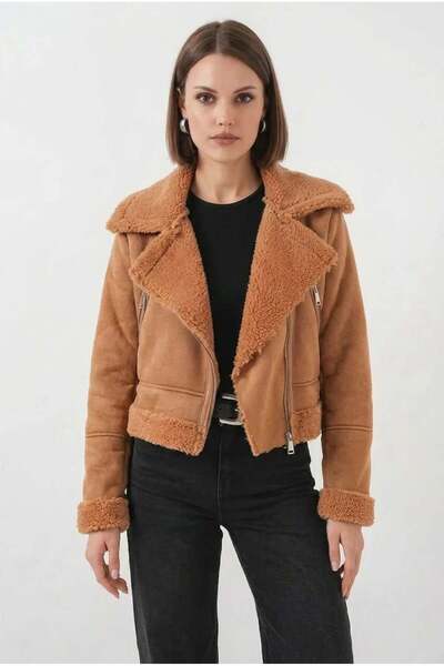 Generic Brand Women's Double-Breasted Collar Faux Fur Light Brown Jacket
