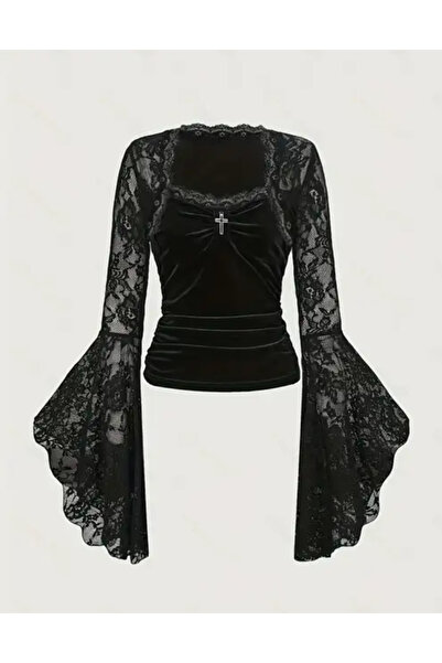 Butic Gotik Gothic Bluz İthal Bluz Kıyafet Özel Günler İçin Siyah Desenli