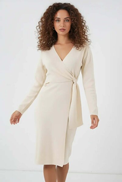 ALFA AKSESUAR 03 Women's Double-Breasted Collar Knitwear Ecru Dress
