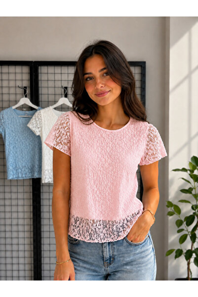 Rouge Astarlı dantelli crop t-shirt