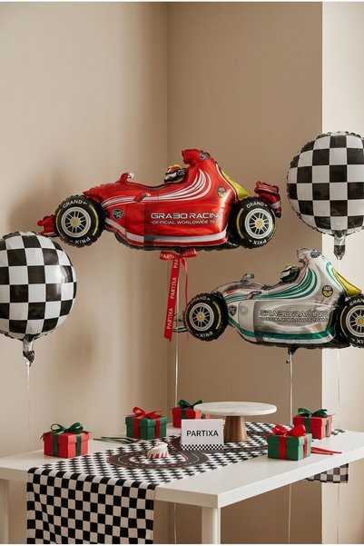 Partixa Race Car Themed Foil Balloon Set 4 Pieces – Car-Themed Birthday Decorations, Race Concept Party Decoration