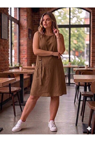 SELEN-ELA فستان بمقاس كبير قابل للغسل بقصة مريحة مع جيوب وإكسسوارات