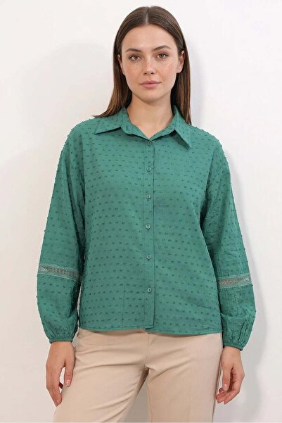 Generic Brand Women's Lace Detailed Oversize Emerald Green Shirt
