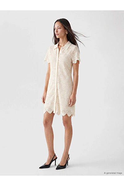 LC Waikiki Beige Crochet Lace Mini Shirt Dress