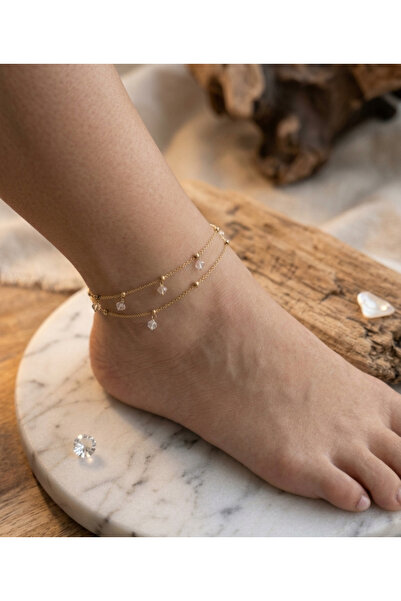 anklet Çift Sıralı Kristal Taşlı Gold Halhal – Elegant Ayak Bilekliği