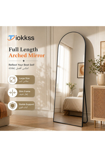 Tiokkss مرآة مقوسة بطول كامل 165×60 سم، مرآة أرضية بإطار أسود نحيف مع حامل قا...