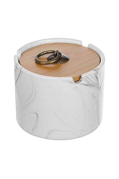 OEM Scrumieră ceramică alb marble cu capac bambus Ø10x7 cm, elegantă și practică