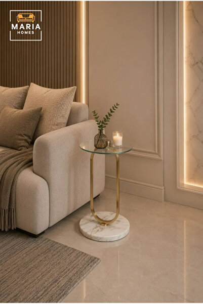 Maria Home Modern Round Side Table – Tempered Glass Top, Gold Oval Metal Fram...