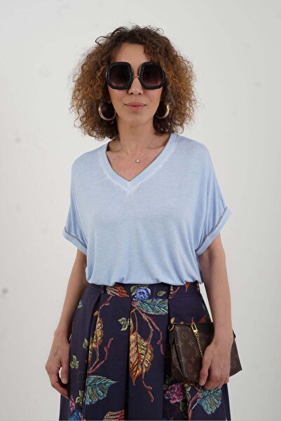 Zelish My Sister Tricou modal lavabil cu decolteu în V și dungi, albastru beb...