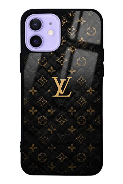 Spoyi iPhone 12 Black Gold LV Tasarımlı Glossy Telefon Kılıfı