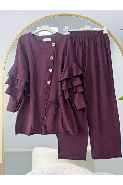 VOLT CLOTHİNG Gold Düğmeli Kolu Fırfırlı Pantolonlu İkili Takım