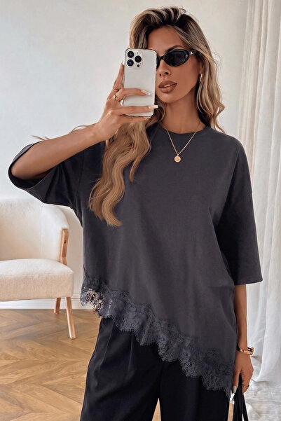 GENIUS STORE Γυναικεία δαντελωτή μπλούζα καφέ βαμβακερή με δαντελένια λεπτομέ...