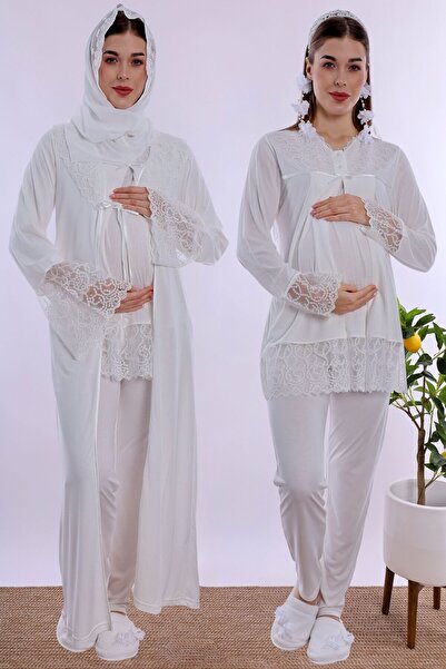ByLohusa Hijab-Friendly Cotton Maternity Pajama and Robe Set Effortt - Ecru