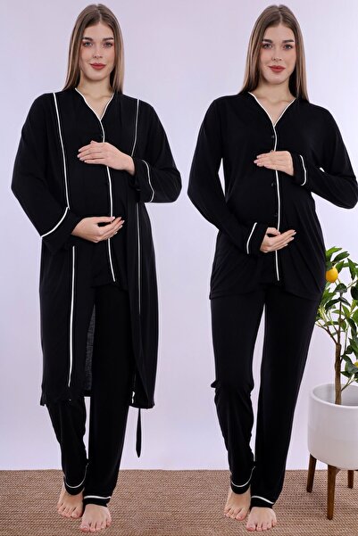 ByLohusa Soft Textured Cotton Maternity Pajama Set with Dressing Gown Effortt...
