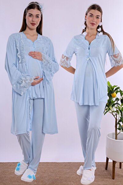 ByLohusa Cotton Maternity Pajama and Dressing Gown Set Effortt - Blue
