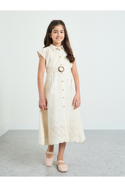 Styli Teen Girls Embroidered Belted Shirt Dress
