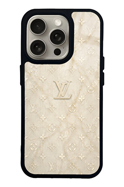 Spoyi iPhone 15 Pro Krem Gold LV Tasarımlı Glossy Telefon Kılıfı