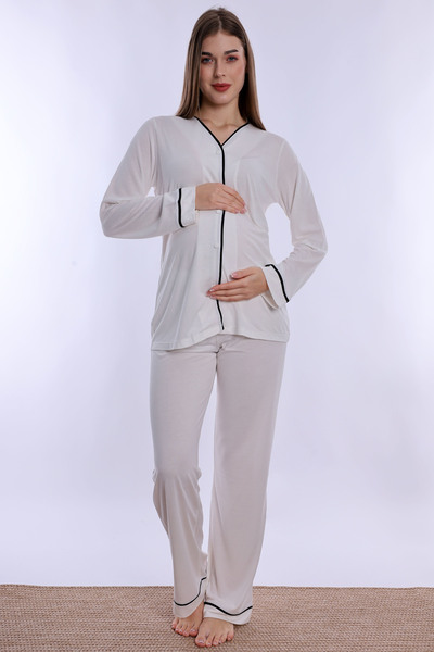 ByLohusa Adjustable Waist Detailed Maternity Pajama Set with Breastfeeding Fe...