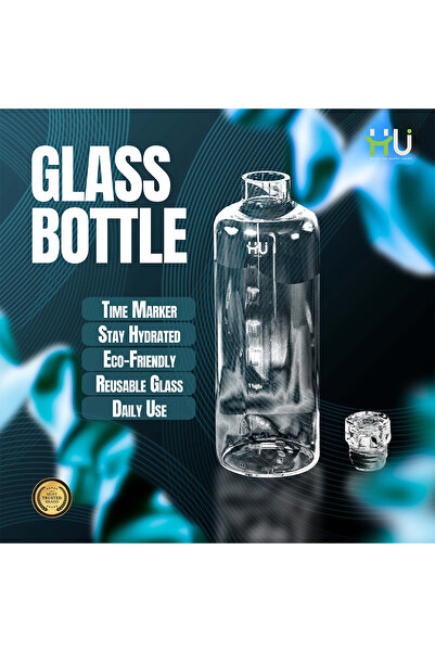 HU HAPPY USER Glass Water Bottle with Time Markers – Hydration Reminder Bottl...