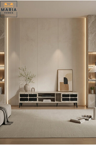 MARIA HOMES Modern TV Unit with Storage Cabinets and Open Shelving – Scandina...