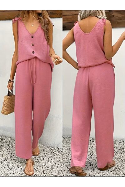 Kokosh moda Women's V-Neck Bow Detail Blouse Pants Aerobin Double Set