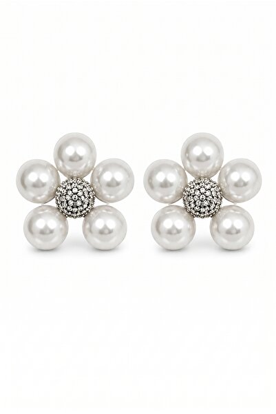 Jack Ferrero Elegant Pearl and Stone Detailed Flower Design Women's Earrings
