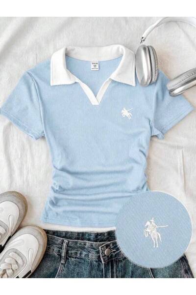 Gofeel Kadın Soul Renkli Polo Yaka Nakışlı Büzgülü Bluz