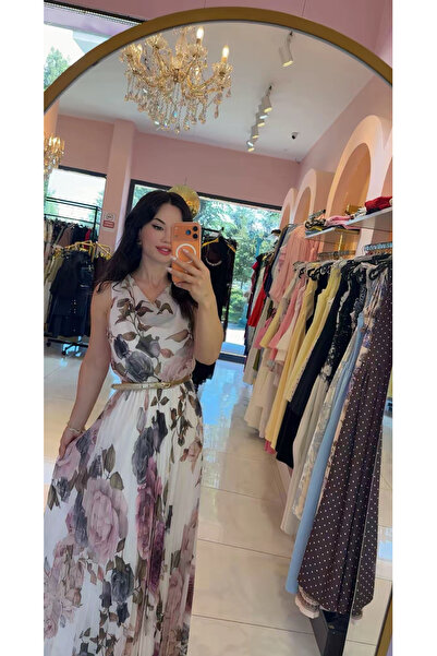 Hatice Altıntaş ÇİÇEK DESEN PİLİSELİ UZUN ELBİSE