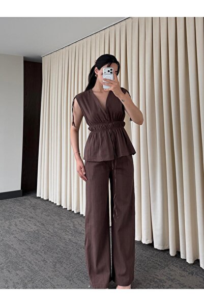 My Blog Set de pantaloni și bluză maro, 100% bumbac, cu șnur în talie - Y286120